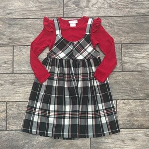 Red Long-Sleeve Top with Black & Gray Plaid Pinafore Dress - Kids